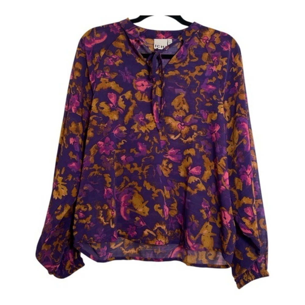 Ichi Sz 34 Sheer Boho Floral Blouson Sleeve Blouse with V-Neck Tie Elastic Cuff